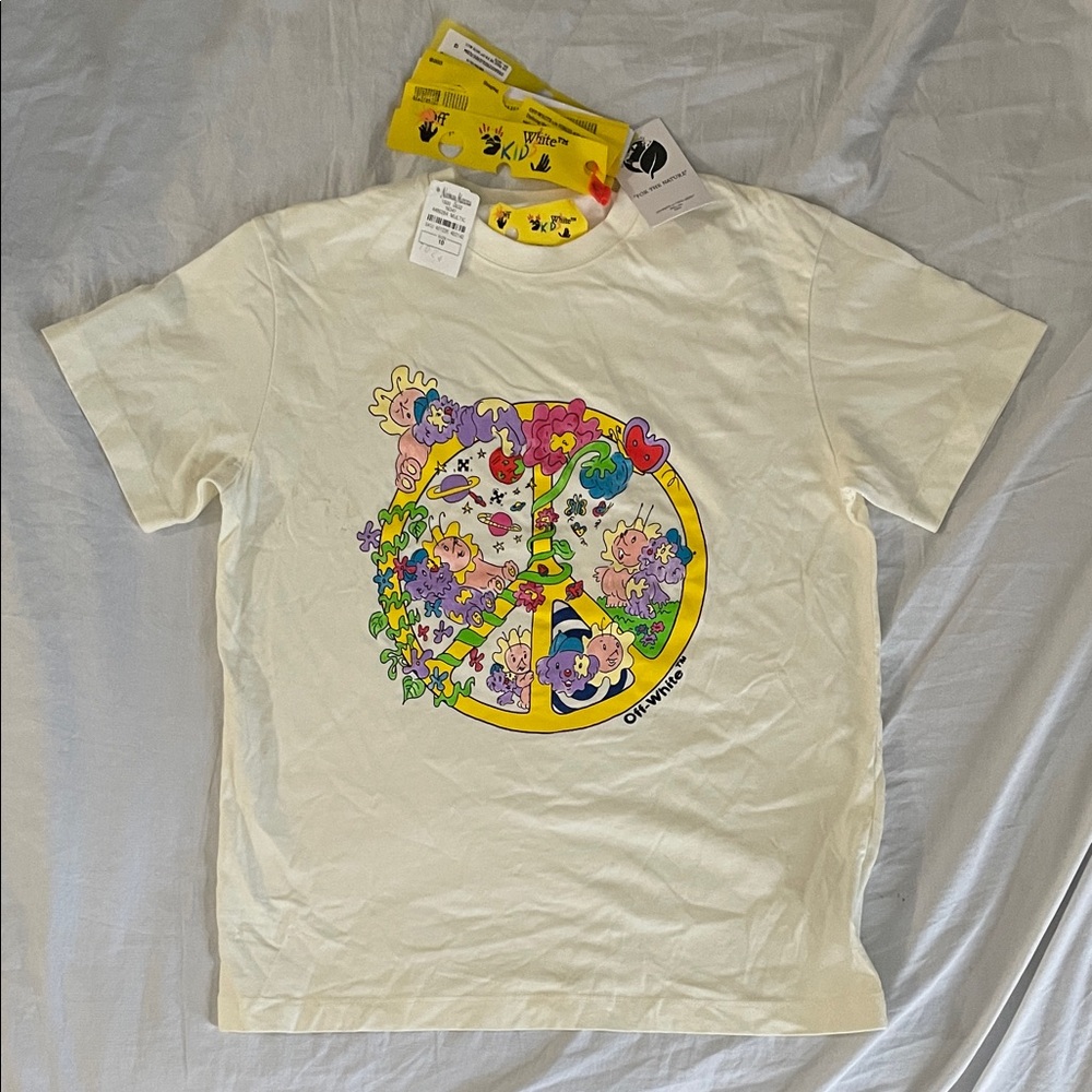 NWT - Off-White Kids Cream Tee with Colorful Peace Graphic - kids size 10